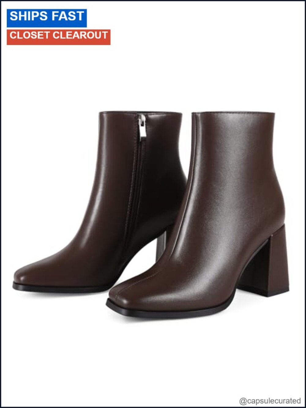 Womens Square Toe Ankle Boots Chunky Block Heel Side Zipper PU